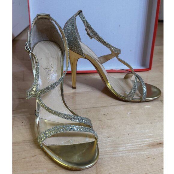Ivanka Trump ADARA2 Metallic Gold Multi Textured Open-Toe Strappy Leather Heels - Picture 3 of 12